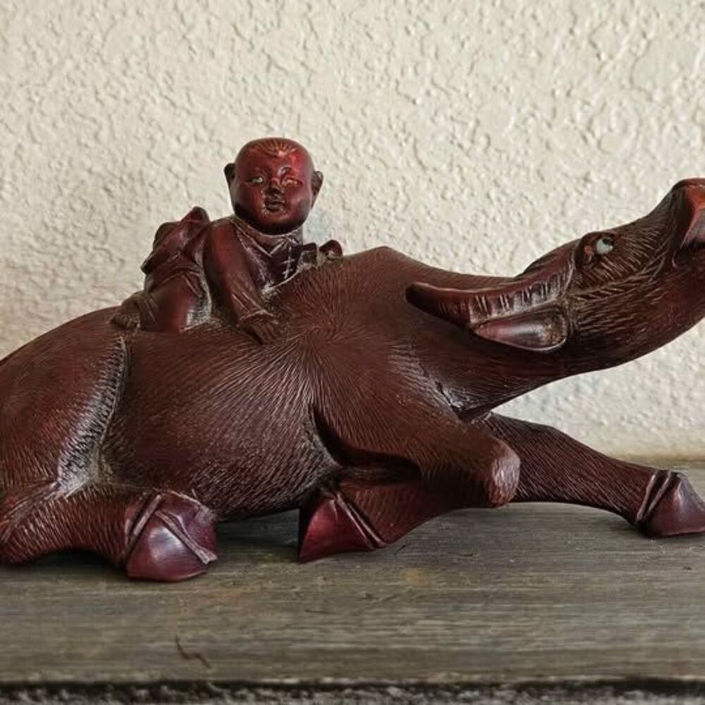 Vintage Chinese Hand-Carved Water Buffalo and Boy Republic Era Oxherd Figurine